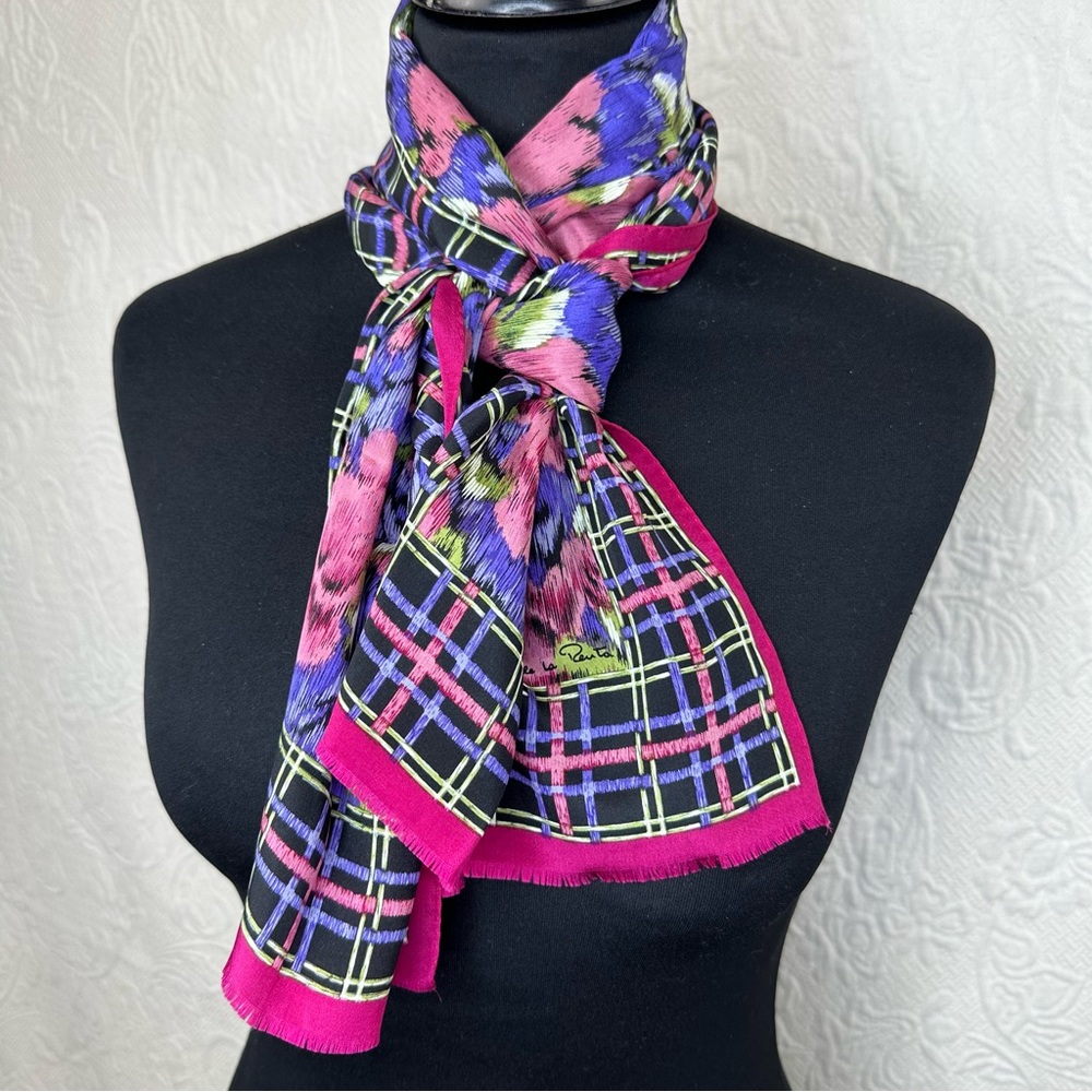 Oscar de la Renta Accessory Street Vintage Silk Oblong Scarf Floral Plaid - Picture 2 of 10
